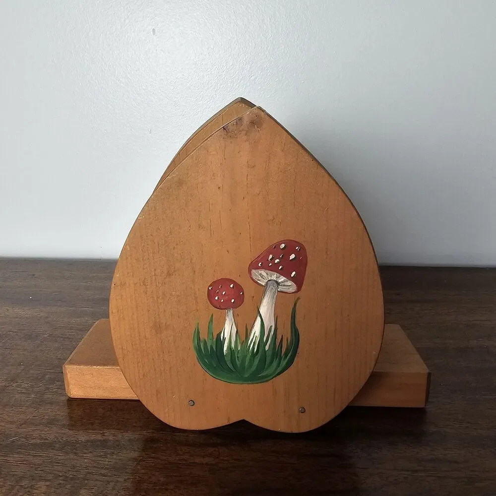 Handmade Hand-Painted Wooden Mushroom Napkin Holder Cottagecore Rustic Folk Art